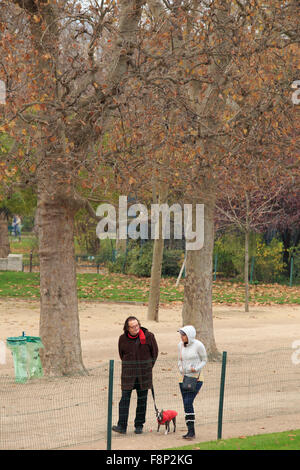 Les sections locales à pied leur chien au moyen d'un petit parc à côté de la Tour Eiffel à Paris, France. Banque D'Images