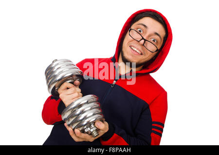 Jeune homme avec haltères isolated on white Banque D'Images