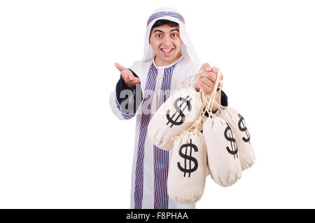 L'homme arabe avec de l'argent sacs isolated on white Banque D'Images