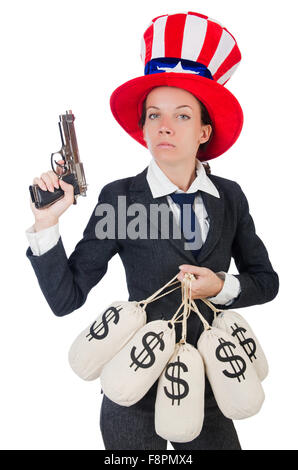 Businesswoman avec sacs de l'argent et des armes d'isolated on white Banque D'Images