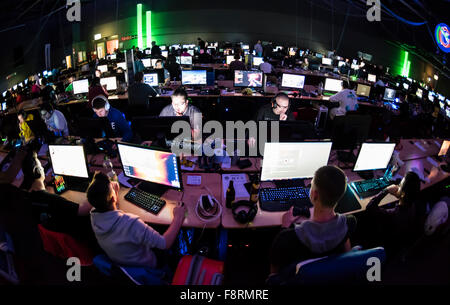 Thun, Suisse. Dec 10, 2015. De longues rangées de joueurs jeu ordinateur concentré, faiblement éclairées par leurs écrans d'ordinateur à NetGame, la première convention de jeu d'ordinateur à Thun's expo center. Pendant 3 jours et nuits, fans et concurrents clans jouent en tournois CS:GO, l'Âge des empires et bien d'autres. Crédit : Erik Tham/Alamy Live News Banque D'Images