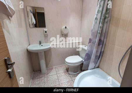 Salle de bains avec lavabo et toilettes et bac à douche Banque D'Images