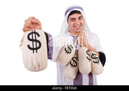 L'homme arabe avec de l'argent sacs isolated on white Banque D'Images