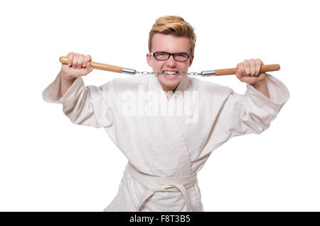 Funny karate fighter avec nunchucks on white Banque D'Images