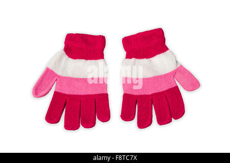 Paire de gants tricot rose pour l'hiver. Banque D'Images