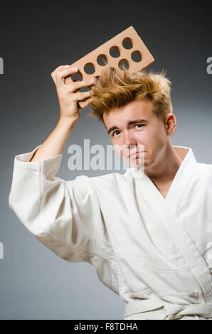 Funny karate fighter avec la brique d'argile Banque D'Images