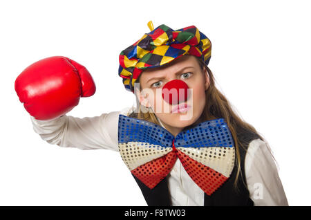 Jolie femme clown avec des gants de box isolated on white Banque D'Images