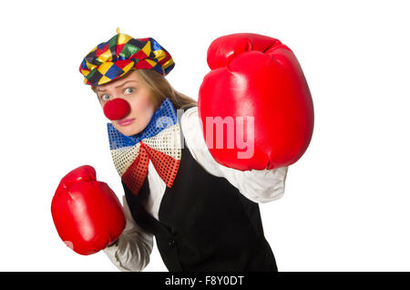 Jolie femme clown avec des gants de box isolated on white Banque D'Images