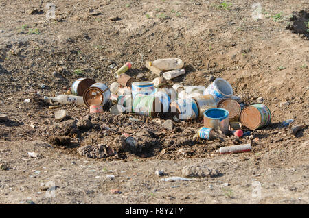 Solodniki, Russie - 13 mai 2015 : un groupe de vieux contenants de peinture vides, débris et déchets ménagers est dans la fosse de la terre Banque D'Images