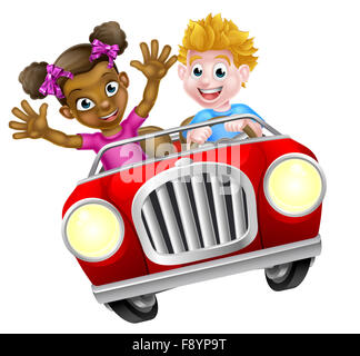 Un cartoon boy and girl having fun conduite rapide dans une voiture rouge cartoon Banque D'Images