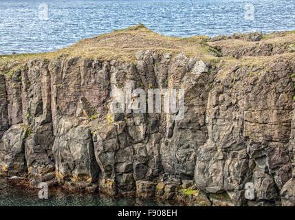 L'île de Grimsey, Islande. 31 juillet, 2015. Un gros plan de la roche volcanique sur l'île de Grimsey falaises, qui chevauche le cercle arctique à 40 km (24,8 mi) au large de l'île principale de l'Islande. C'est le site touristique d'oiseaux destination. © Arnold Drapkin/ZUMA/Alamy Fil Live News Banque D'Images