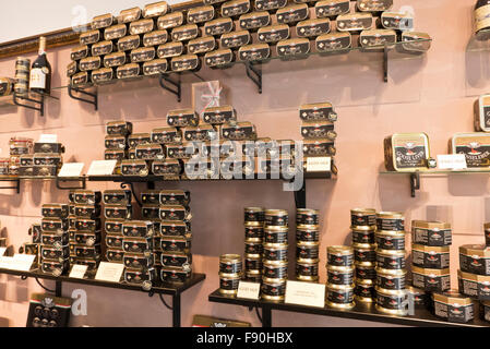 Une grande variété de foie d'oie en vente dans une boutique spécialisée, Budapest, Hongrie. Banque D'Images