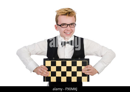 Funny chess player isolated on white Banque D'Images