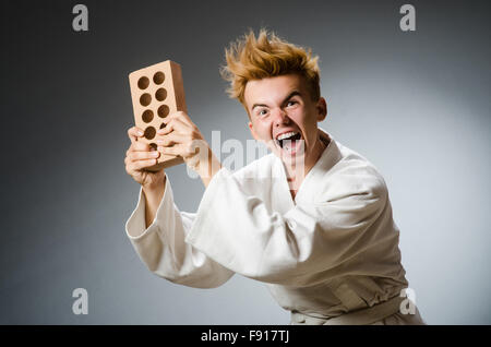 Funny karate fighter avec la brique d'argile Banque D'Images