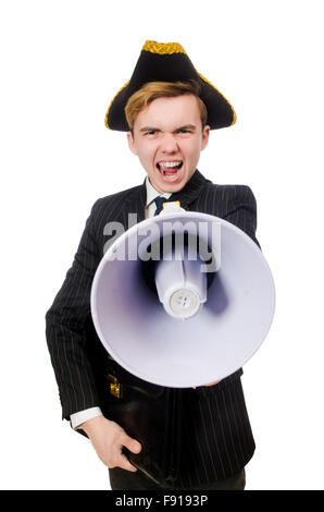 Jeune homme en costume avec chapeau de pirate et mégaphone isolated on white Banque D'Images