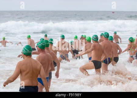 Course de nage sur l'océan pour hommes. Sydney, Bilgola Beach Australie. 13th décembre 2015. Bilgola Beach course de natation sur l'océan de plus de 1,5 kilomètres, dans le cadre de la série annuelle Pittwater Ocean Swim, Sydney, Australie Banque D'Images