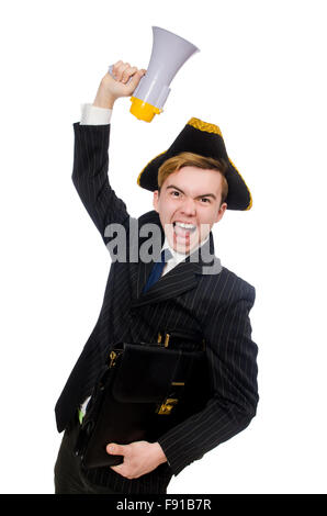 Jeune homme en costume avec chapeau de pirate et mégaphone isolated on white Banque D'Images