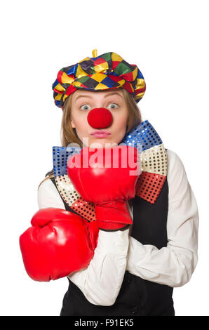 Jolie femme clown avec des gants de box isolated on white Banque D'Images