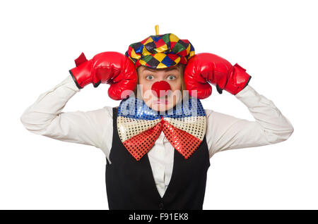 Jolie femme clown avec des gants de box isolated on white Banque D'Images