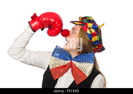 Jolie femme clown avec des gants de box isolated on white Banque D'Images