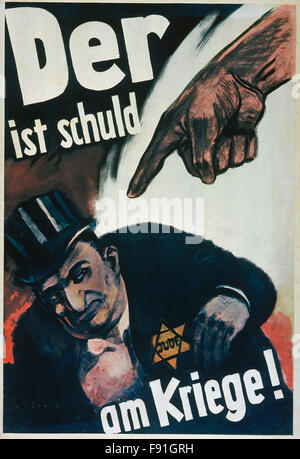 WW2 allemand nazi antisémite anti affiche représentant un homme juif avec des nez exagérées portant l'étoile jaune de David Banque D'Images