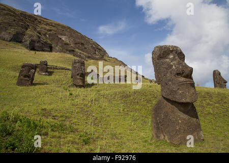 Photographie de l'moais à Rano Raraku carrière de pierres sur l'île de Pâques au Chili. Banque D'Images