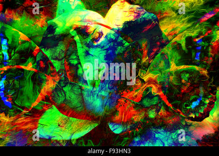 Illustration d'un papillon de couleur avec fleur, technique mixte, résumé fond couleur Banque D'Images