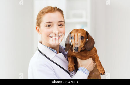 Happy doctor avec chien à la clinique vétérinaire Banque D'Images