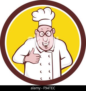 Illustration d'un chef cuisinier Chef's Hat smiling portant des lunettes et fait un Thumbs up vu de l'avant ensemble à l'intérieur du cercle sur fond isolé fait en style cartoon. Illustration de Vecteur