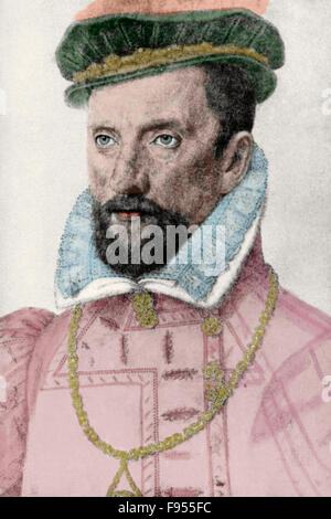 Gaspard II de Coligny (1519-1572). Noble français et l'amiral. Chef Huguenot dans les Guerres de Religion. Portrait par François Clouet. Gravure en couleur. Banque D'Images
