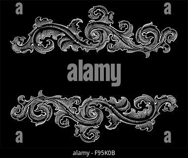 Beau style baroque blanc floral ornament vecteur calligraphie sur noir. Titre logo Vintage Banque D'Images