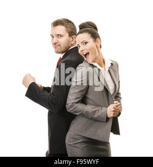 Young smiling business woman et homme d'affaires isolated over white background. Folle et drôle posing in studio. Banque D'Images