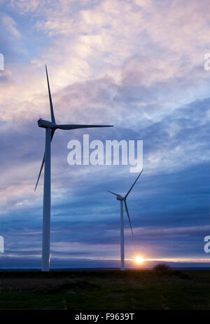 Deux éoliennes silhouetté contre le soleil couchant. Les éoliennes sont parmi les 15 à l'Amherst Wind Farm situé à Amherst, Banque D'Images