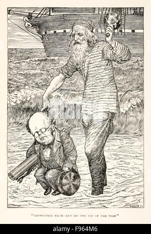 Frontispice montrant le portier portant le premier banquier de mettre en place 'Le débarquement' dans 'La Chasse au Snark, une agonie en huit s'adapte' de Lewis Carroll (1832-1898), illustré par Henry Holiday (1839-1927). Voir la description pour plus d'informations.