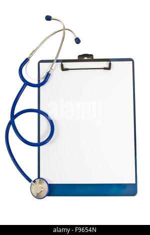 Presse-papiers avec feuille de papier blanc et stéthoscope Banque D'Images