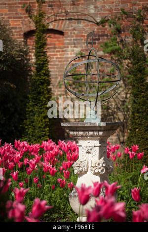 Cadran solaire en pierre sculpté italien entre la Chine des tulipes roses dans le jardin hollandais conçu par Angel Collins à Cottesbrooke Hall, le Northamptonshire, Angleterre Banque D'Images