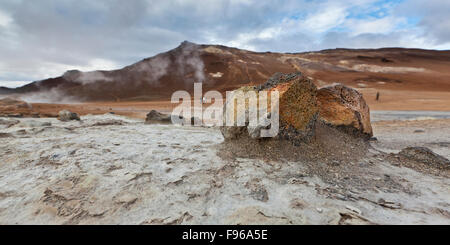 Sources d'eau chaude géothermique, Hverarond, Namaskard, Islande. Le secteur est caractérisé par des tourbières de boue bouillante et solfataras. Banque D'Images
