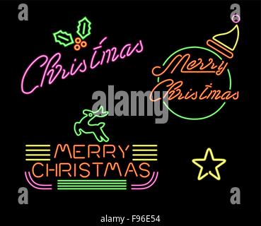 Joyeux Noël retro label situé dans neon light style, 50s 60s décoration avec du texte et des éléments de Noël. Illustration de Vecteur