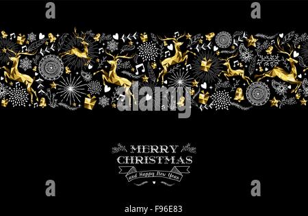 Joyeux noël bonne année de création d'étiquette avec motif transparent, renne de noël silhouette et éléments en couleur or Illustration de Vecteur