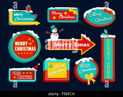 Joyeux Noël Ensemble de signes rétro avec de la neige et des vacances d'éléments, bonhomme de neige, cadeau, gui. Idéal pour la composition de Noël Illustration de Vecteur