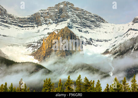 Recouvert de neige et brouillard enveloppé le mont Rundle montagnes, Banff National Park, Alberta, Canada Banque D'Images