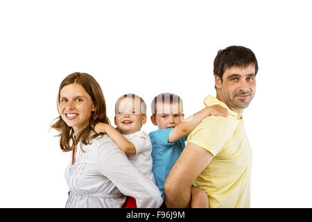 Portrait de l'heureuse famille avec deux enfants et femme enceinte, isolé sur fond blanc Banque D'Images