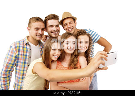 Groupe de professionnels jeune adolescent students taking photo selfies isolé sur fond blanc Banque D'Images