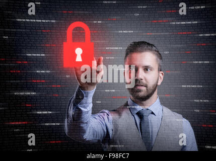 Hipster businessman showing concept de sécurité d'affaires en ligne sur un écran virtuel Banque D'Images