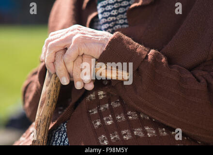 Détail de très vieille femme's hands holding walking stick Banque D'Images