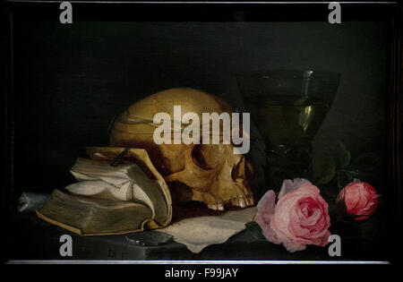 Jan Davidsz. De Heem (1606-1683/1684). Peintre flamand. Vanitas still life avec un crâne, un livre et des Roses, ch. 1630. Musée national. Stockholm. La Suède. Banque D'Images