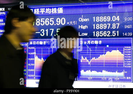 Les piétons passent devant un conseil d'achat électronique montrant le Nikkei Stock Average, qui a diminué de 1,68  % à 18 565,90 dans le milieu de l'après-midi le 15 décembre 2015, Tokyo, Japon. La volatilité des prix du brut et des attentes des augmentations des taux d'intérêt américains pour la première fois en dix ans envoyé japonais stocks à leur plus bas niveau depuis octobre 22 intraday. © Rodrigo Reyes Marin/AFLO/Alamy Live News Banque D'Images