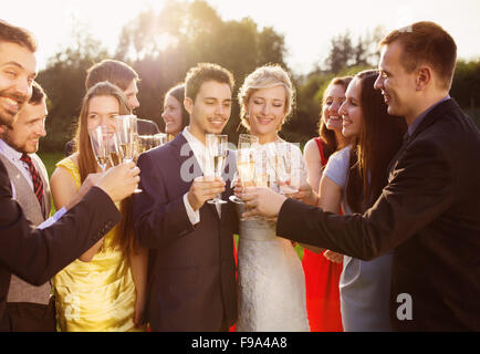 Les invités au mariage clinking glasses avec les mariés à la réception de mariage à l'extérieur Banque D'Images