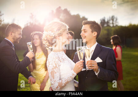 Les jeunes mariés et les invités du mariage clinking glasses at Wedding Reception à l'extérieur Banque D'Images