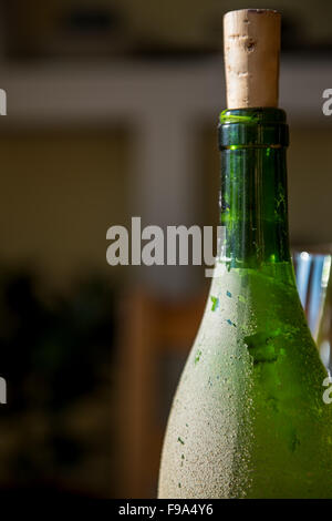 Close up photo de wineglasses vide et vert bouteille de vin à la maison Banque D'Images